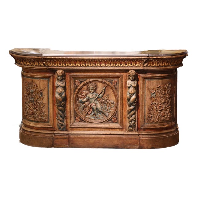 Early 19th Century French Renaissance Carved Oak Dry Bar With Tole Top For Sale