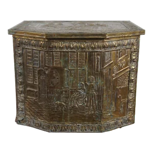 Mid 19th Century Antique Dutch Embossed Brass Fireside Tavern Coal Bin Fire Box Scuttle