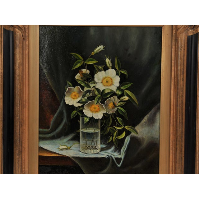 Realism Antique Oil Painting Signed Artist's Study of Cherokee Roses in a Glass For Sale - Image 3 of 18