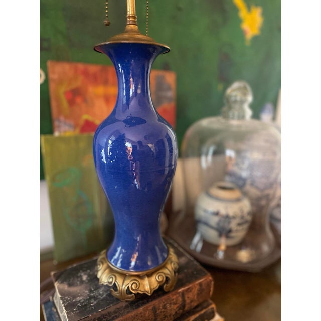Vintage Royal Blue Glaze Vase Asian Lamp For Sale In Chicago - Image 6 of 10