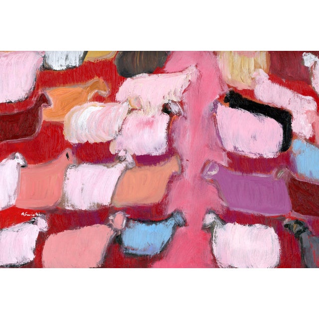 Sheep, Angels, Birds II, Vintage Style Mid Century Modern Oil Painting by Alexandra Swistak For Sale - Image 4 of 8