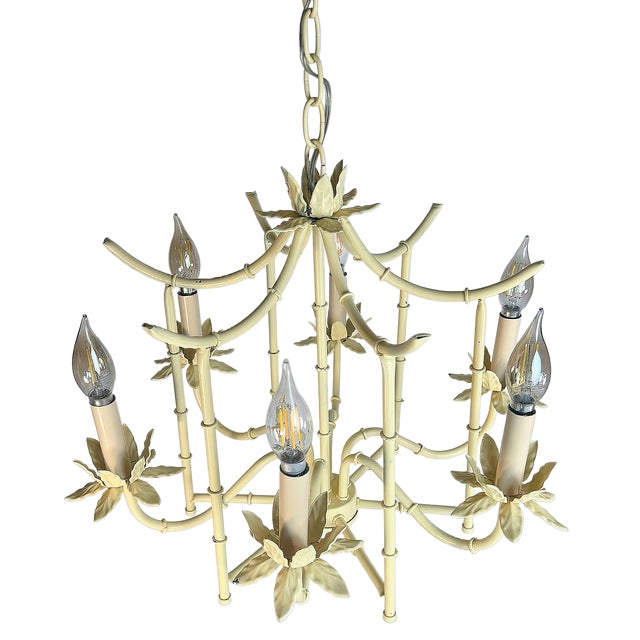 1970s Vintage Faux Bamboo "Custom Color Option" Butter Colored Pagoda Tole 5-Light Chandelier For Sale - Image 5 of 8