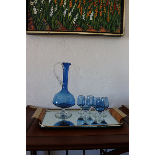 Blue 1960s Vintage Mid-Century Modern Italian Vimax Creations Blue Hand Blown Decanter & Cordial Digestif Glass Set - 7 Pieces For Sale - Image 8 of 13