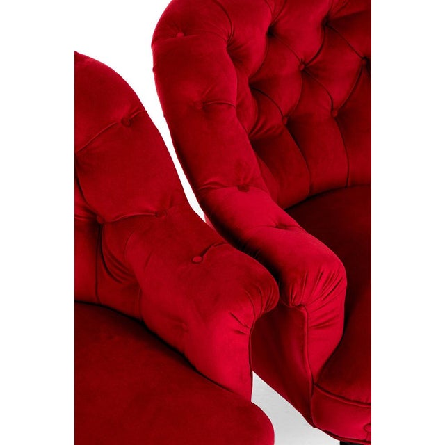 Red French Velvet Button Back Armchair For Sale - Image 8 of 11