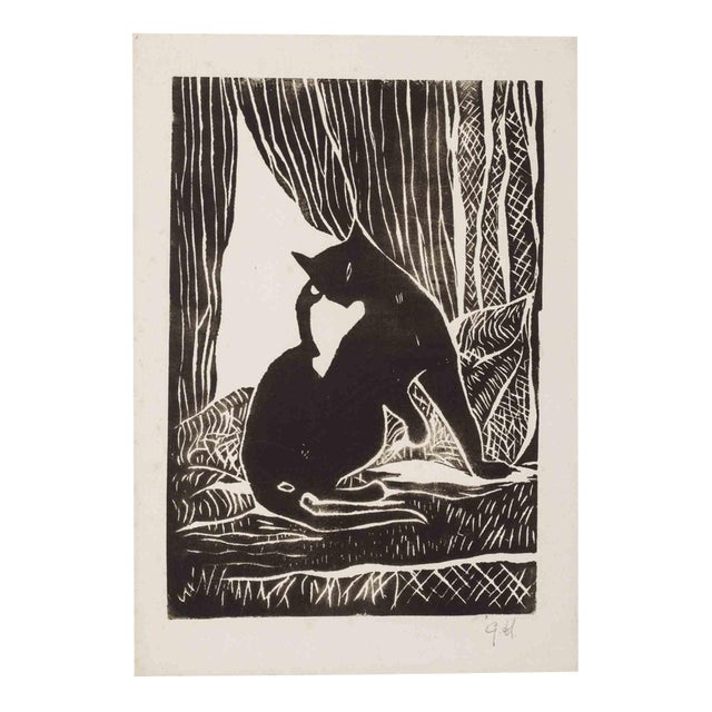 Giselle Halff, Cat, Woodcut by Giselle Halff, Mid 20th Century For Sale