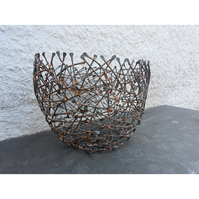 Mid-Century Modern Brutalist Style Wired Metal Bowl Basket Catch All Birds Nest Bertoia Falkenstien For Sale - Image 3 of 5