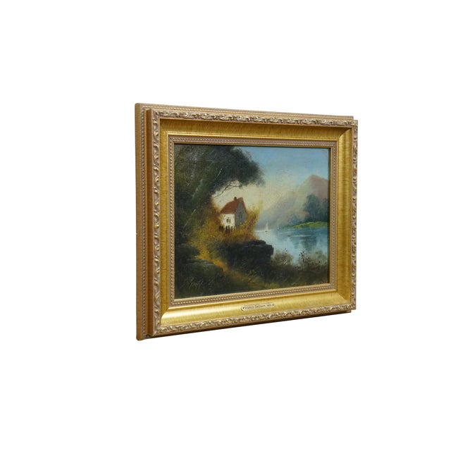 American Antique Stanley DeGraff Cottage Lake House Sailboat Landscape Oil Painting 16" For Sale - Image 3 of 14
