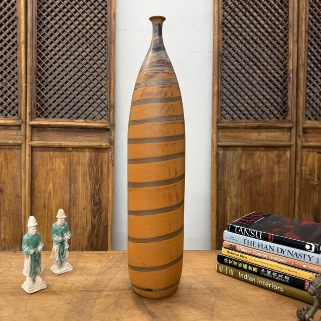 Tall Burnt Orange Ceramic Vase with Fluted Neck & Grey Swirls For Sale - Image 4 of 9