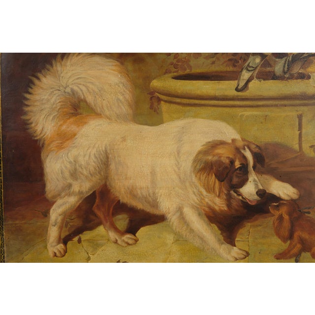 English 19th Century Painted Tôle Tray Depicting Playful Dogs and Turtle Doves For Sale - Image 10 of 11