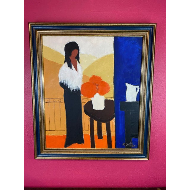 Mid-Century Modern Original Maurice Potier Oil on Canvas | Signed French Contemporary Portrait Painting, Circa 1991 For Sale - Image 3 of 12