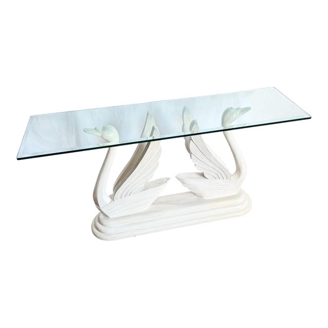 Hollywood Regency Wooden Swan Glass Top Console Table For Sale