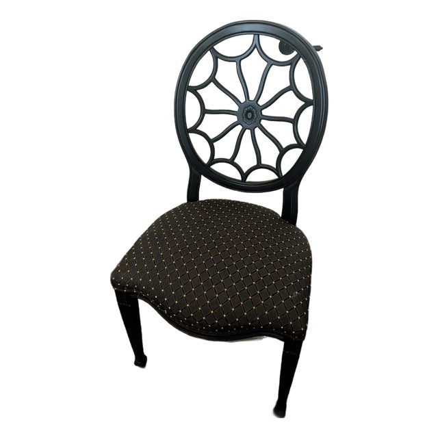Mid 20th Century Italian / Regency Black Wood Fabric Wheelback Dining Chair For Sale