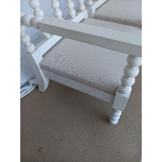 1990s 1990s Coastal Wood White Arm Chair With Blue Cushion Set of 2 For Sale - Image 5 of 6