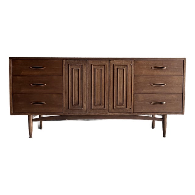 Broyhill Sculptra Mid-Century Modern 9 Drawer Lowboy Dresser | Dark Walnut Refinish | 1960s, Attributed For Sale