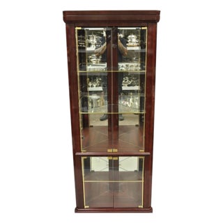 Contemporary Faux Cherry Wood Mirror Glass Corner Curio Display Case Cabinet For Sale