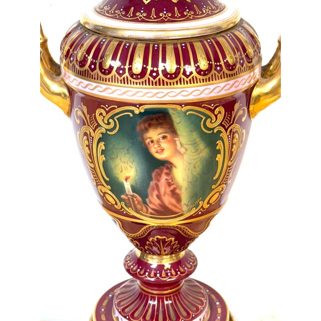 Early 20th Century “Good Night” Vienna Style Porcelain Urn Lamp Maiden and Candle, Signed F. Koller For Sale - Image 4 of 16