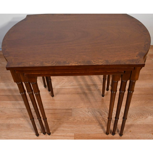 Wood 1960s Vintage Baker Furniture English Mahogany Burl Wood Nesting Tables Tiered Set For Sale - Image 7 of 13
