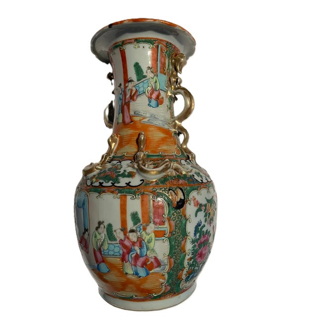 Large Hand‑Painted Chinese Export Porcelain Vase With Figural Panels & Gilt Dragon Handles For Sale - Image 4 of 6