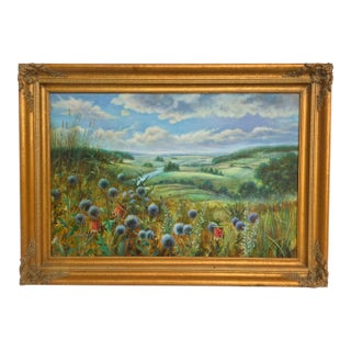 Gorgeous Landscape Painting–Flowers and Hills, Signed T. Baxter For Sale