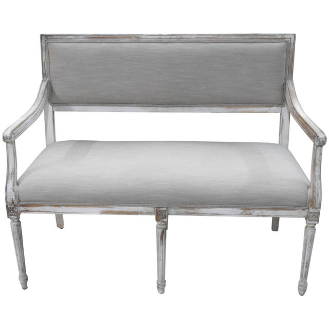 1990s Vintage Painted Louis XVI Style Distressed Painted Hall Bench Settee For Sale - Image 11 of 11