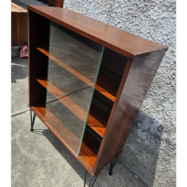 Mid-Century Modern 1970s Wood Cabinet With Glass Sliding Doors and Hairpin Legs For Sale - Image 3 of 12
