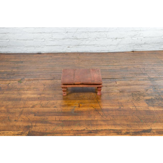 Wood Antique Indian Wooden Carved Angular Leg Low Prayer Table Stand For Sale - Image 7 of 13