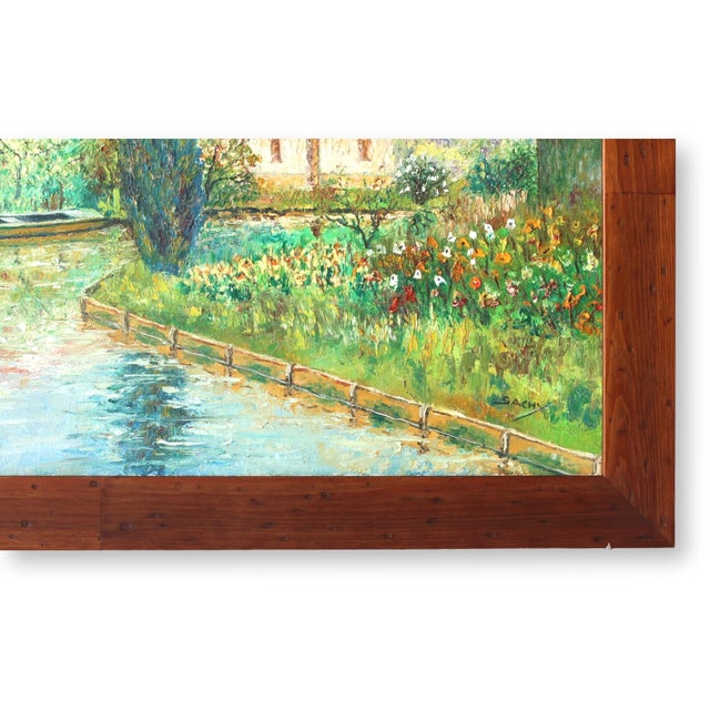 Beautiful midcentury French still life featuring a serene countryside scene with vibrant flowers and a calm waterway....