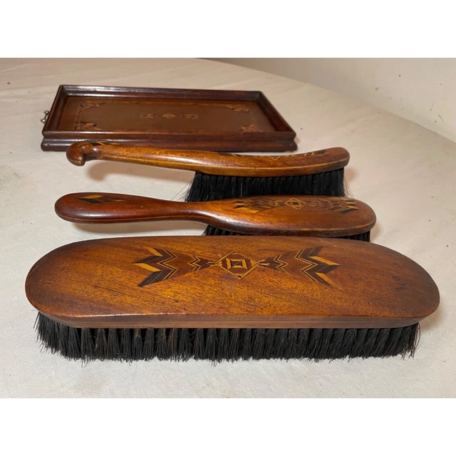 4 Piece Antique Handmade Folk Art Marquetry Wood Brush Vanity Grooming Set For Sale - Image 4 of 12