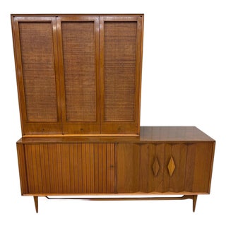 Mid-Century Modern Walnut & Cane 2-Piece Tambour Hutch For Sale