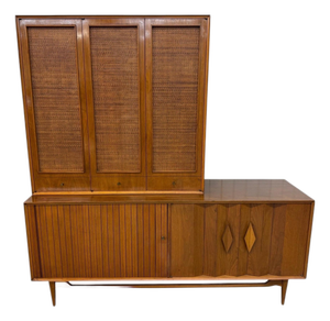 Mid-Century Modern Walnut & Cane 2-Piece Tambour Hutch