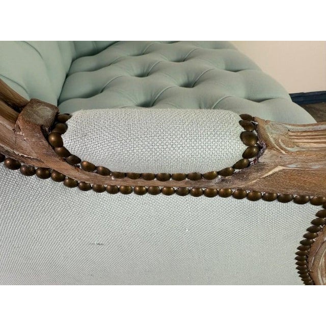 Pair of Louis XV Style French Bergères – Pale Blue Linen For Sale - Image 11 of 15