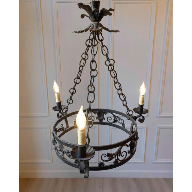 Metal 20th-Century French Wrought Iron Chandelier with Foliate Crown For Sale - Image 7 of 10