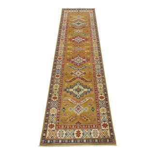 Kazak Runner 2’8” X 9’8” Green Wool Tribal Hand-Knotted Oriental Rug For Sale