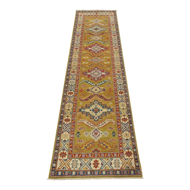Kazak Runner 2’8” X 9’8” Green Wool Tribal Hand-Knotted Oriental Rug For Sale