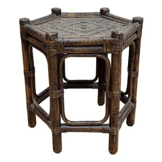 Vintage Hexagonal Rattan and Woven Wicker Side Table For Sale