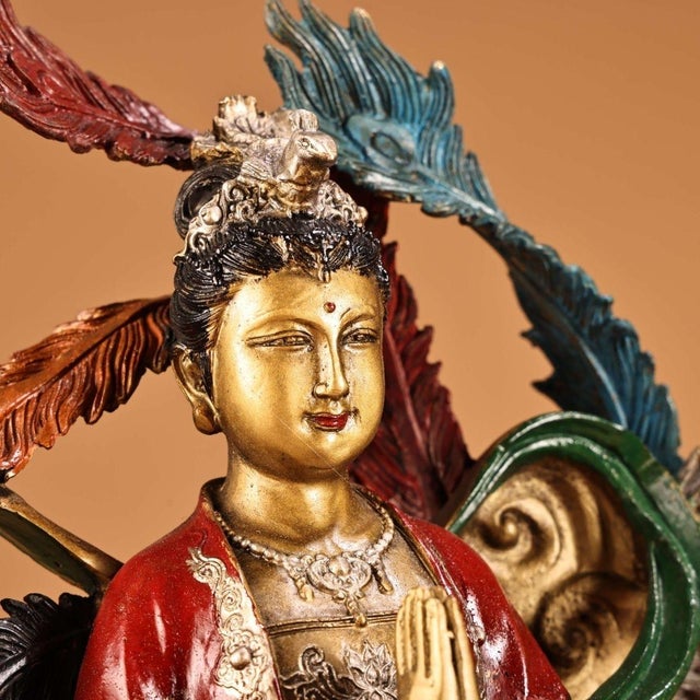 Vintage Painted Bronze Sculpture of Goddess With Phoenix, Gilded & Polychrome Relief Statue For Sale - Image 4 of 9