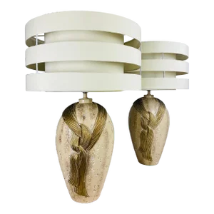 Early 20th Century Art Deco, Inspired Plaster Table Lamps With Custom Shades.