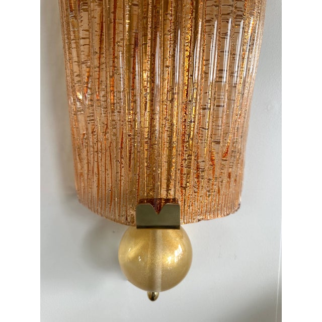 Large Contemporary Pair of Brass Salmon Gold Leaf Murano Glass Sconces, Italy For Sale - Image 10 of 11
