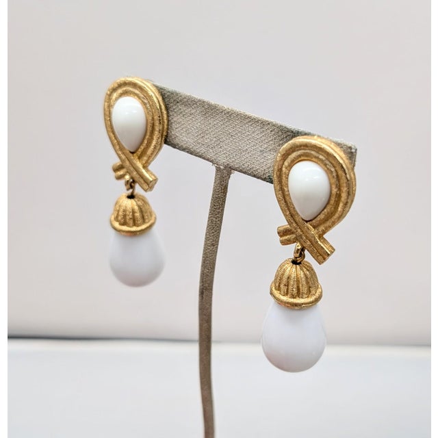 Givenchy Vintage 1980s Signed Givenchy Goldtone White Drop Clip Earrings-2 Pieces For Sale - Image 4 of 7