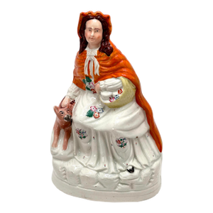 Unusually Large Antique English Staffordshire Pottery Little Red Riding Hood Figure - Circa Mid 19th Century