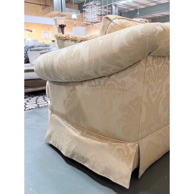 Textile Vintage Ethan Allen Cream Damask Skirted Sofa For Sale - Image 7 of 11