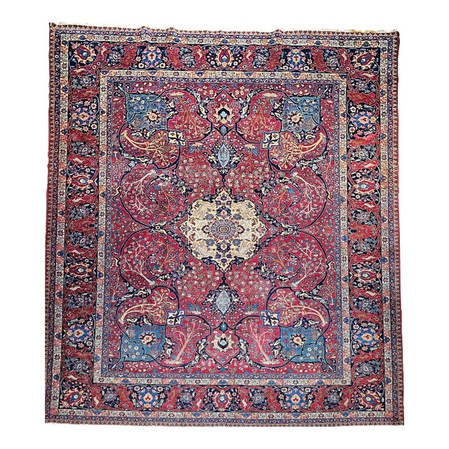Vintage Persian Tabriz Rug, Handwoven Garden Floral Pattern, Crimson & Turquoise, 11’ X 15’ For Sale