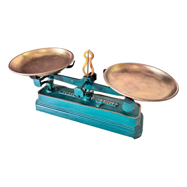 Antique French Green and Gold Wrought Iron and Brass Scale, 19th Century For Sale
