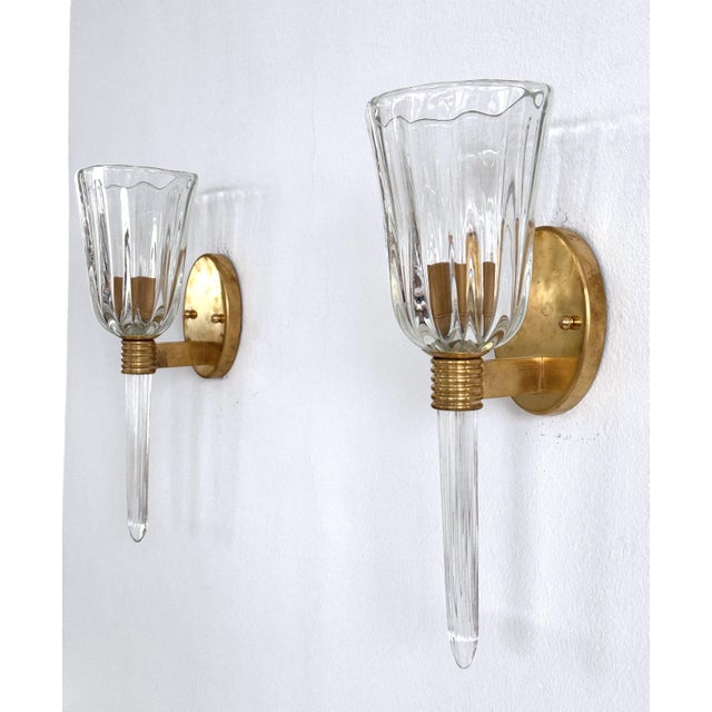 Italian Murano Crystal Glass and Brass Wall Sconces, 1990s, Set of 2 For Sale - Image 6 of 18