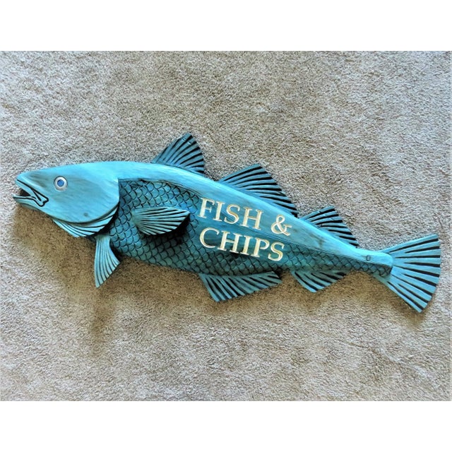 Blue Large Hand Carved Wood Fish & Chips Sign For Sale - Image 8 of 8