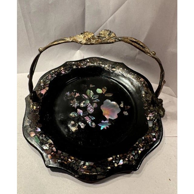 Victorian Antique English Victorian Paper Mache Cake Basket With Mother of Pearl Inlay For Sale - Image 3 of 5