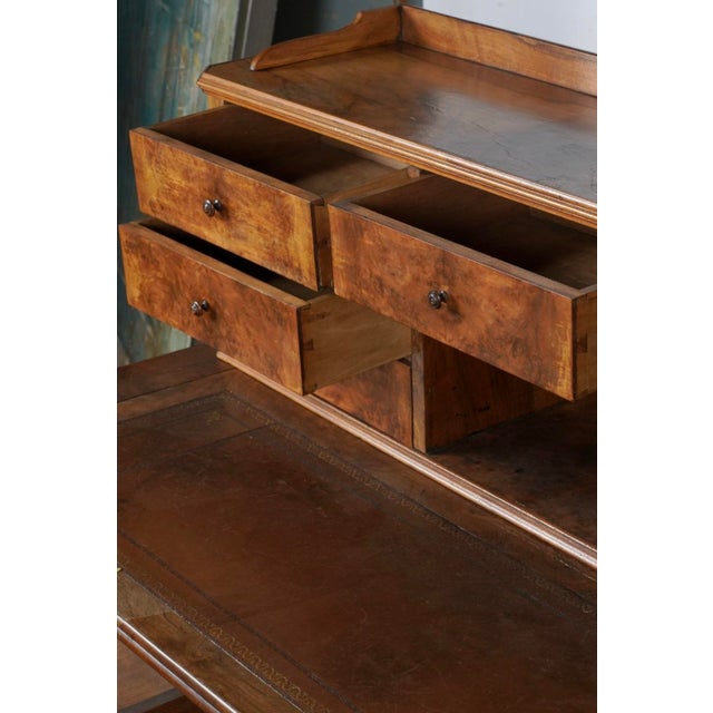 Antique French Burl Walnut Writing Desk With Drawer Gallery & Turned Leg For Sale - Image 4 of 10