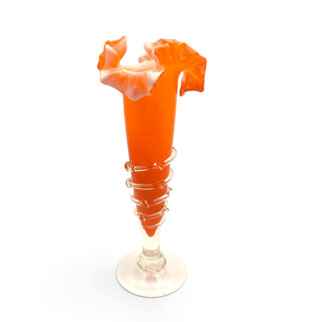 Mid-Century Modern Vintage Murano Orange Art Glass Ruffled Vase W/ Applied Rigaree For Sale - Image 3 of 7
