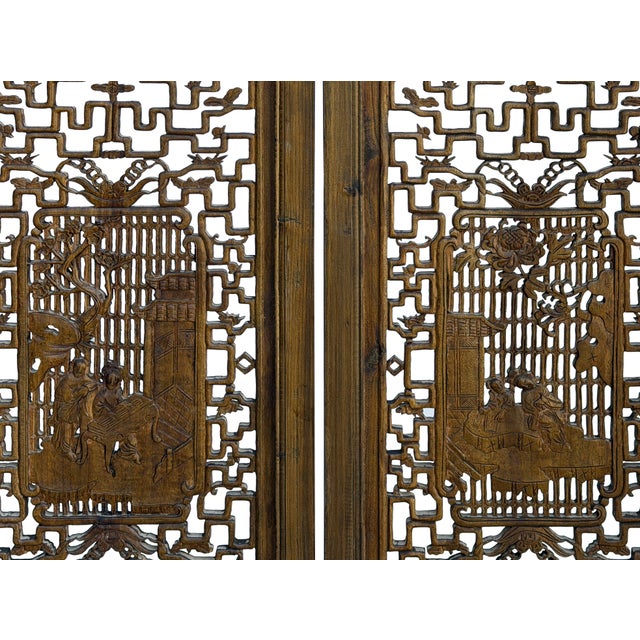 Oriental Rustic Vintage Finish Openwork Geometric 4 Panels Wood Floor Screen For Sale - Image 10 of 10