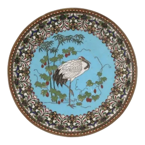 Large Antique Meiji Japanese Cloisonne Enamel Charger With Mr.Crane